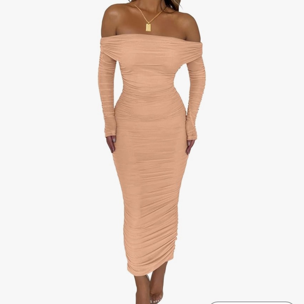 Tan Ribbed Off-Shoulder Bodycon Midi Dress